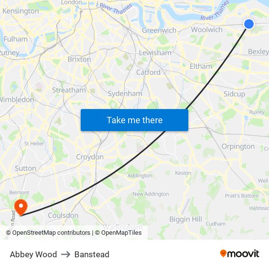 Abbey Wood to Banstead map