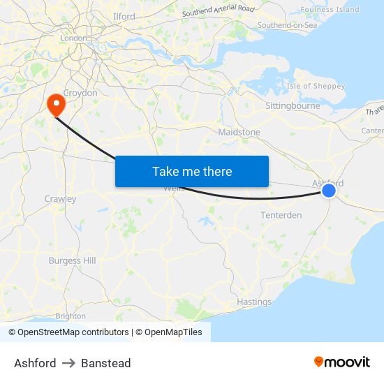 Ashford to Banstead map