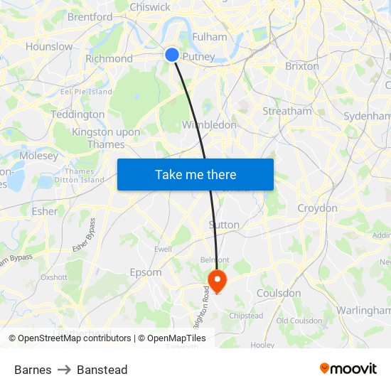 Barnes to Banstead map