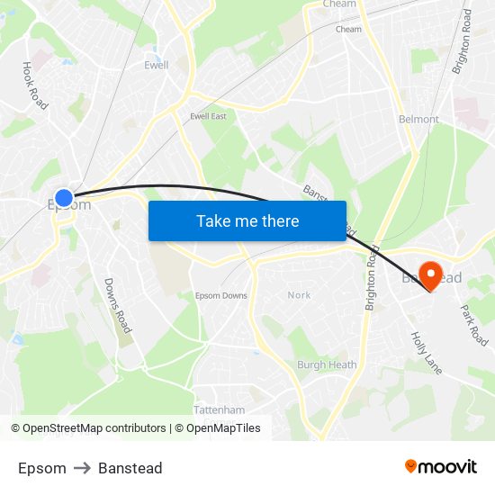 Epsom to Banstead map