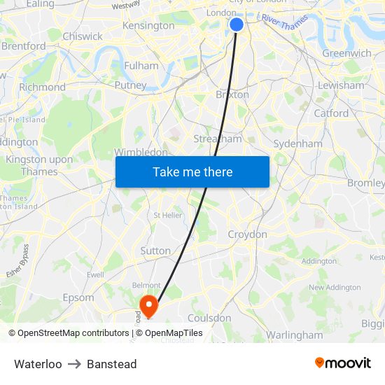 Waterloo to Banstead map