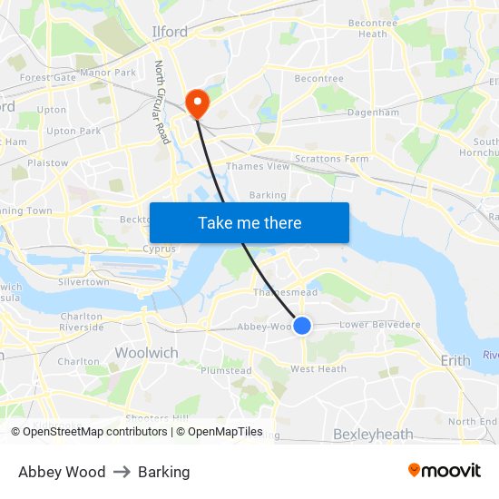 Abbey Wood to Barking map