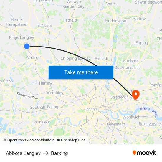 Abbots Langley to Barking map