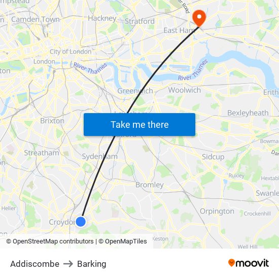 Addiscombe to Barking map