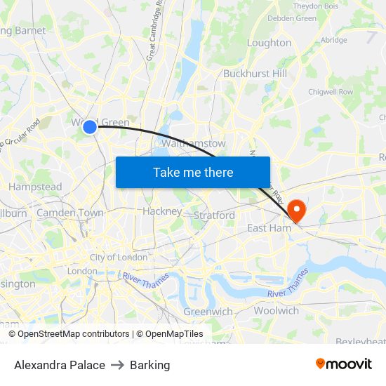 Alexandra Palace to Barking map