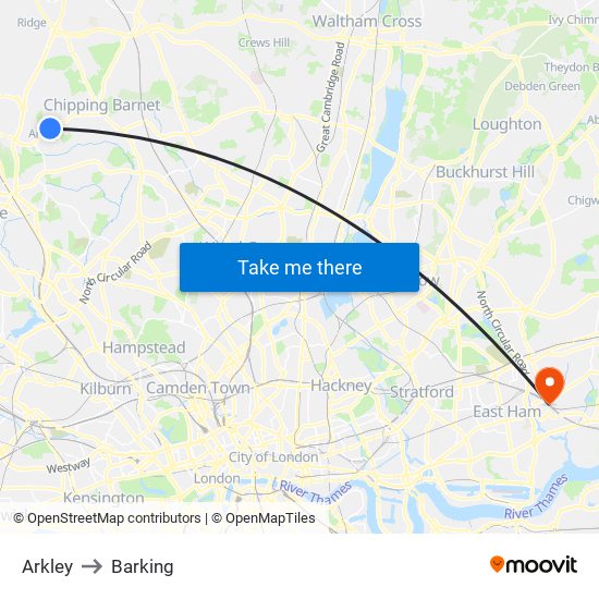 Arkley to Barking map