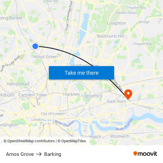 Arnos Grove to Barking map