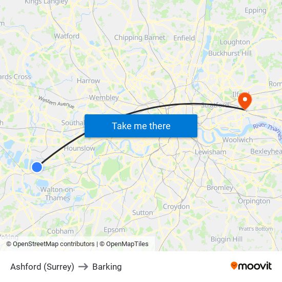 Ashford (Surrey) to Barking map