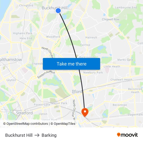 Buckhurst Hill to Barking map