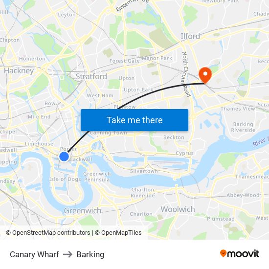 Canary Wharf to Barking map