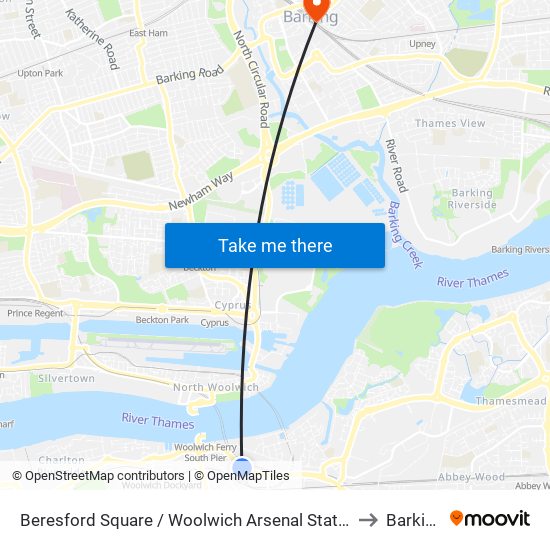 Beresford Square / Woolwich Arsenal Station to Barking map