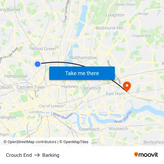 Crouch End to Barking map