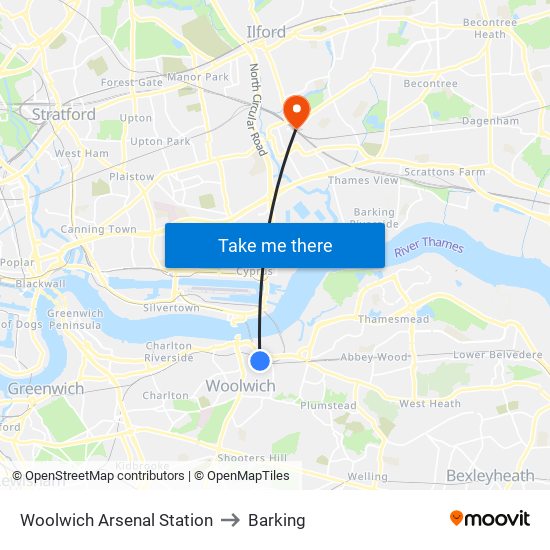 Woolwich Arsenal Station to Barking map