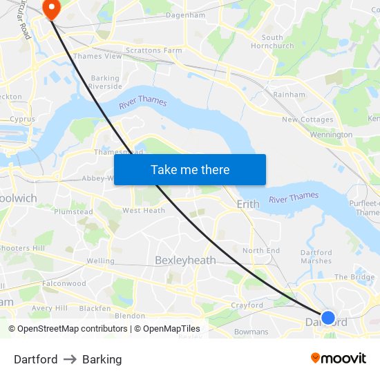 Dartford to Barking map