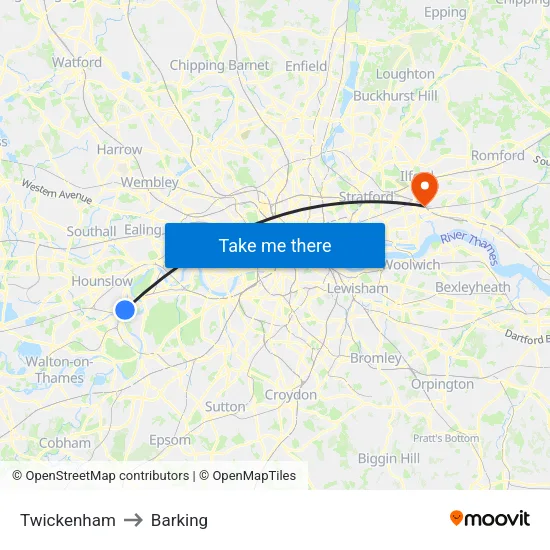 Twickenham to Barking map