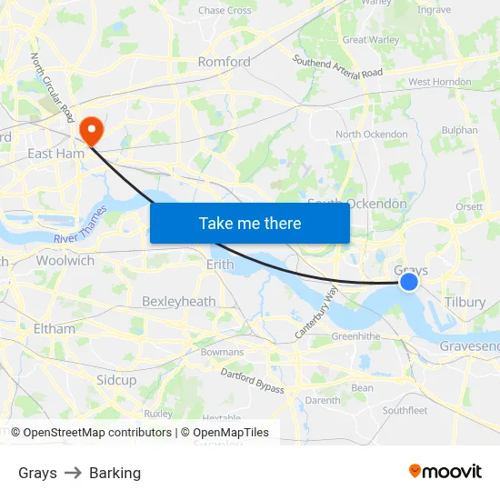 Grays to Barking map