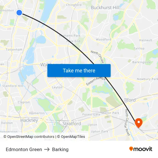 Edmonton Green to Barking map