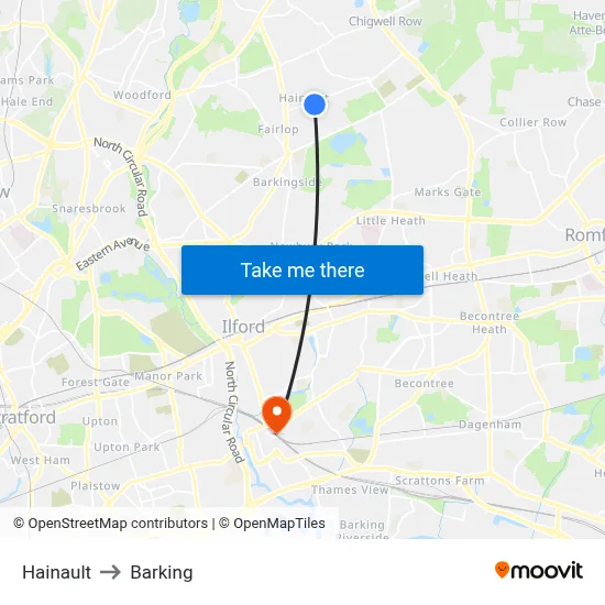 Hainault to Barking map