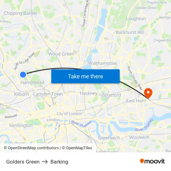 Golders Green to Barking map