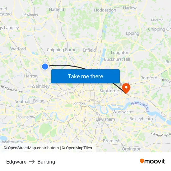 Edgware to Barking map