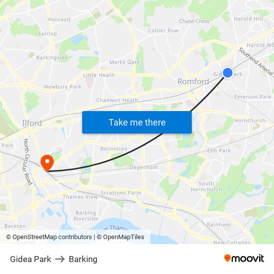 Gidea Park to Barking map