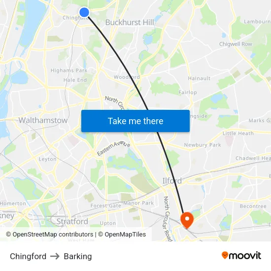 Chingford to Barking map