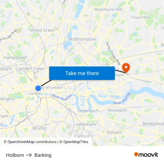 Holborn to Barking map
