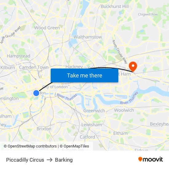 Piccadilly Circus to Barking map