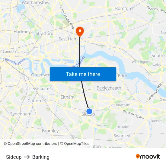 Sidcup to Barking map
