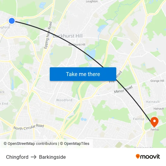 Chingford to Barkingside map