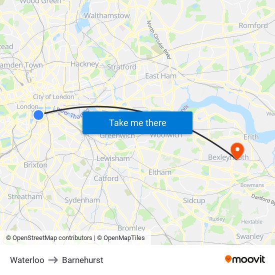 Waterloo to Barnehurst map