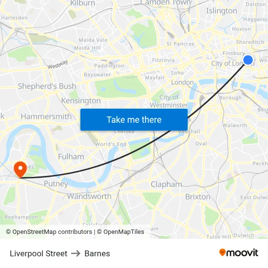 Liverpool Street to Barnes map