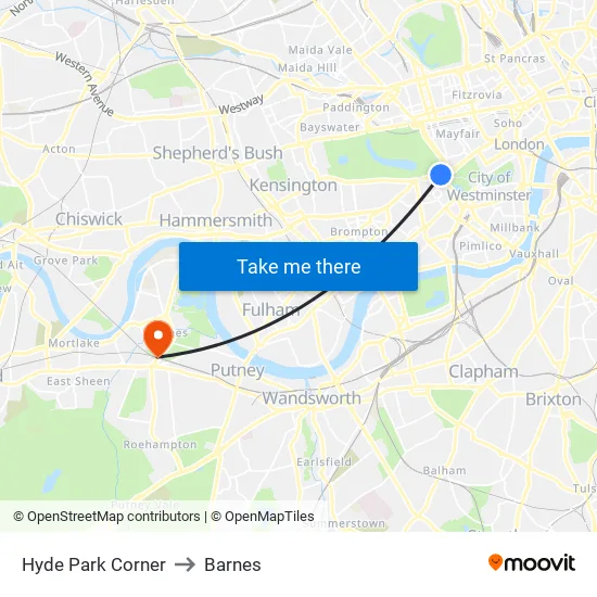 Hyde Park Corner to Barnes map