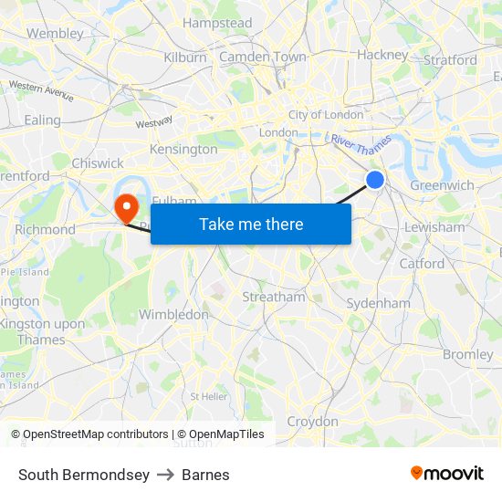 South Bermondsey to Barnes map