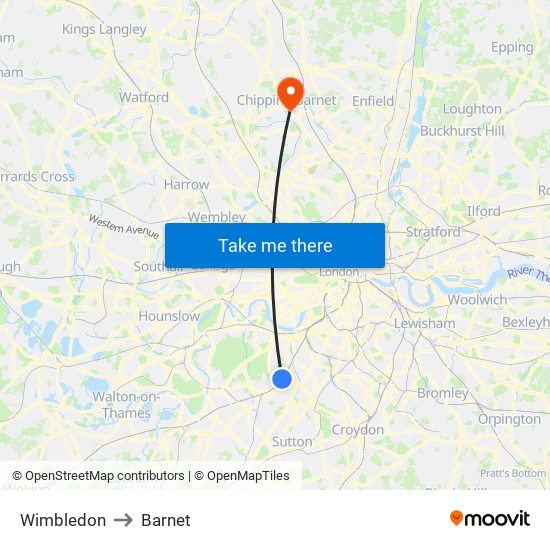 Wimbledon to Barnet map