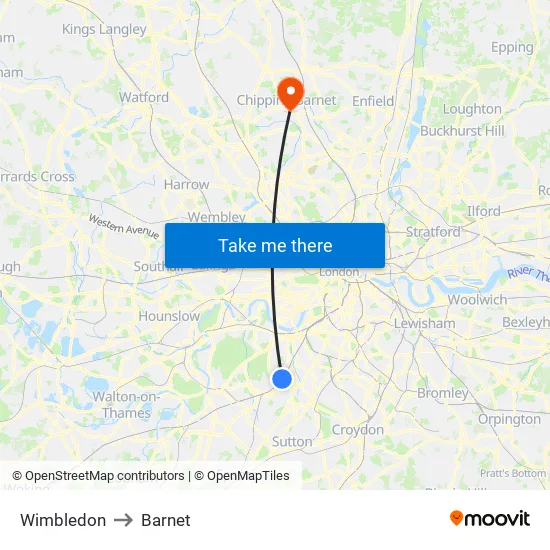 Wimbledon to Barnet map