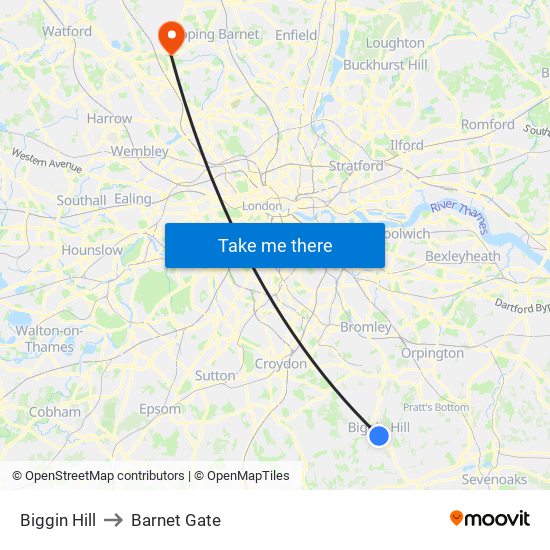 Biggin Hill to Barnet Gate map