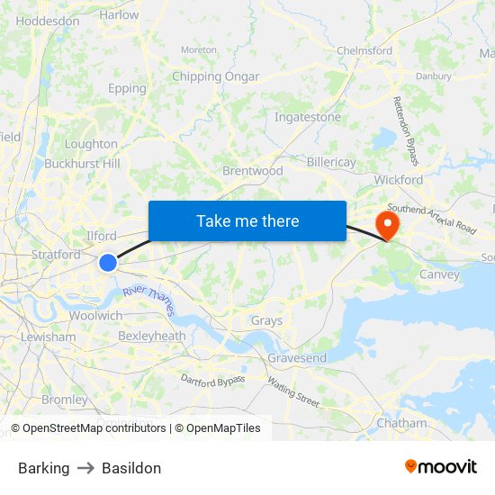 Barking to Basildon map