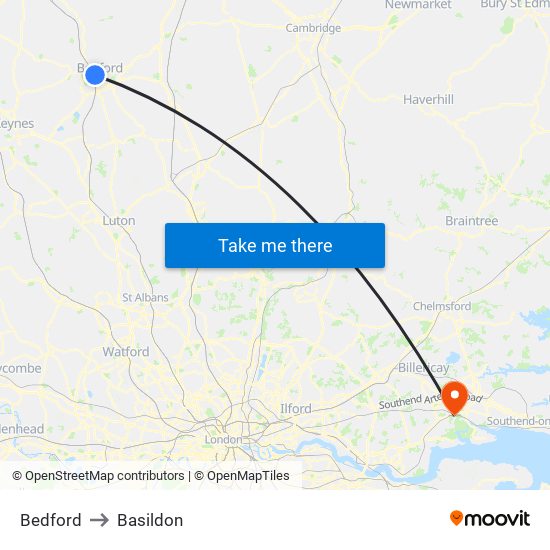 Bedford to Basildon map
