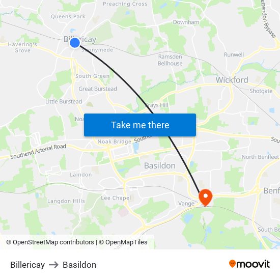 Billericay to Basildon map