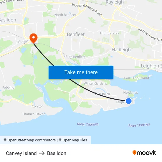 Canvey Island to Basildon map