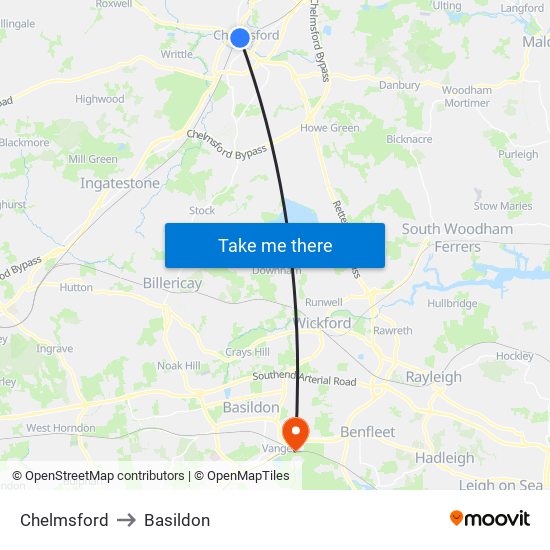 Chelmsford to Basildon map