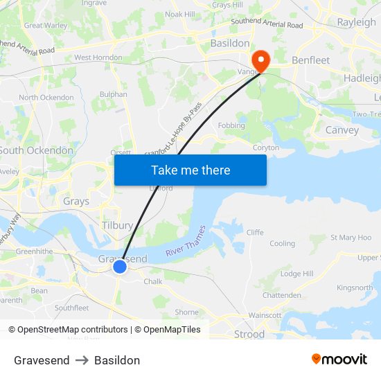 Gravesend to Basildon map