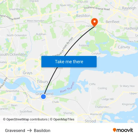 Gravesend to Basildon map
