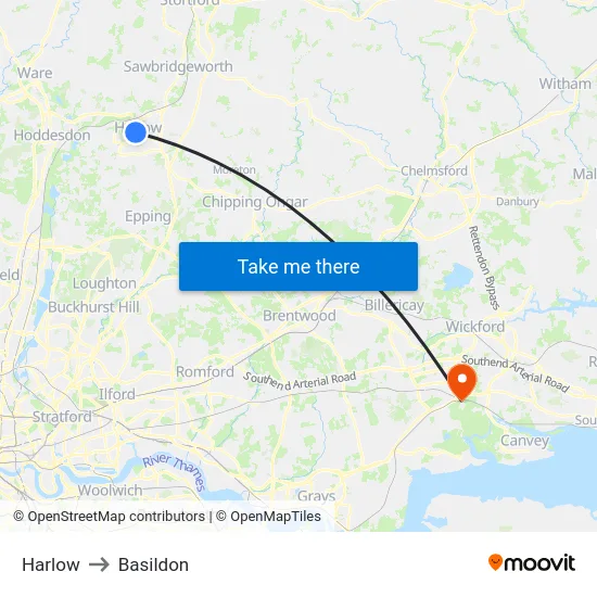 Harlow to Basildon map