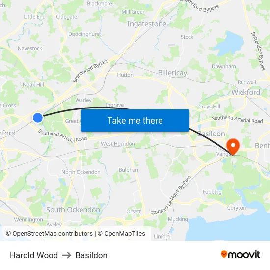 Harold Wood to Basildon map