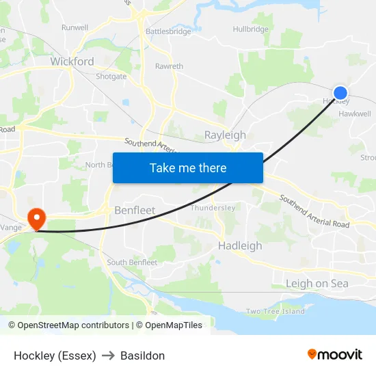 Hockley (Essex) to Basildon map