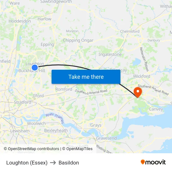 Loughton (Essex) to Basildon map