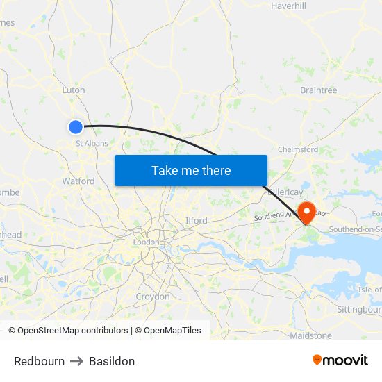 Redbourn to Basildon map