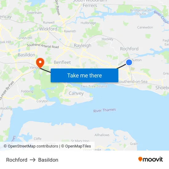 Rochford to Basildon map